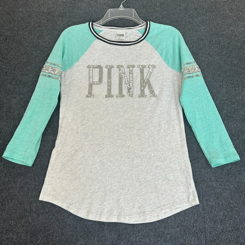 PINK Victoria's Secret Seafoam Bling Logo Women's XS Baseball 3/4 Sleeve Tee Y2K